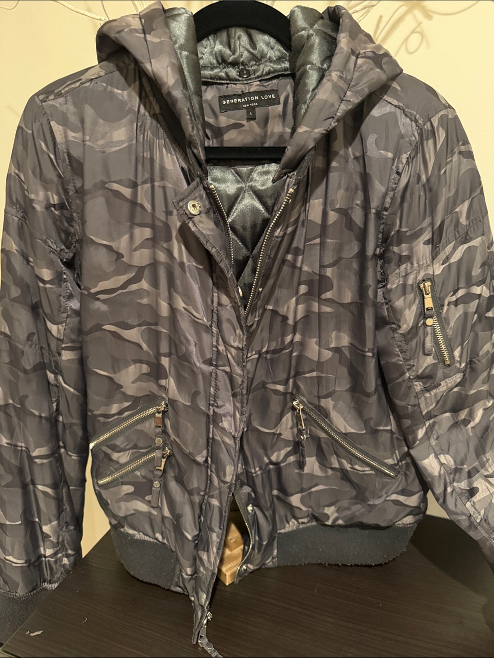 Generation Love Bomber Jacket Gray Camo Detachable Hooded size M/L